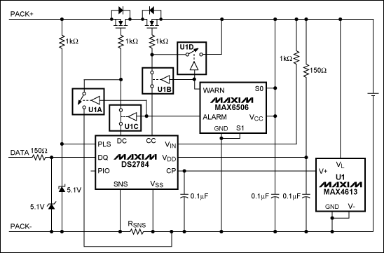 圖1. 在DS2784應(yīng)用電路中加入MAX6506和MAX4613實(shí)現(xiàn)可編程的熱保護(hù)(開關(guān)U1A-U1D表示MAX4613內(nèi)的4個(gè)開關(guān))。