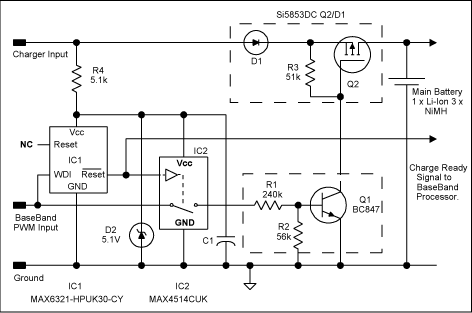 圖2、在圖1電路中添加IC1、IC2，在處理器停止工作時提供電池保護。