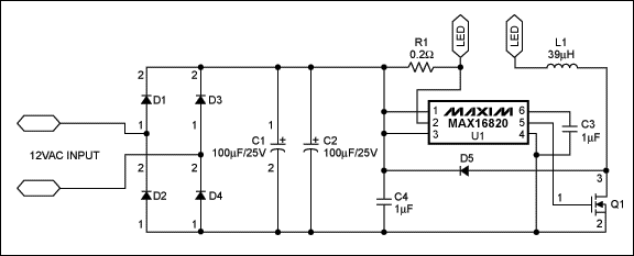 圖1. 采用MAX16820 LED驅(qū)動器構(gòu)建的5W MR16 LED燈驅(qū)動電路，圖中LED為LedEngin的5W WLED。