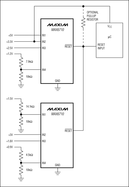 圖1. 利用兩片漏極開路輸出的多電壓監(jiān)控器監(jiān)控8路電壓，提供單個復(fù)位輸出。