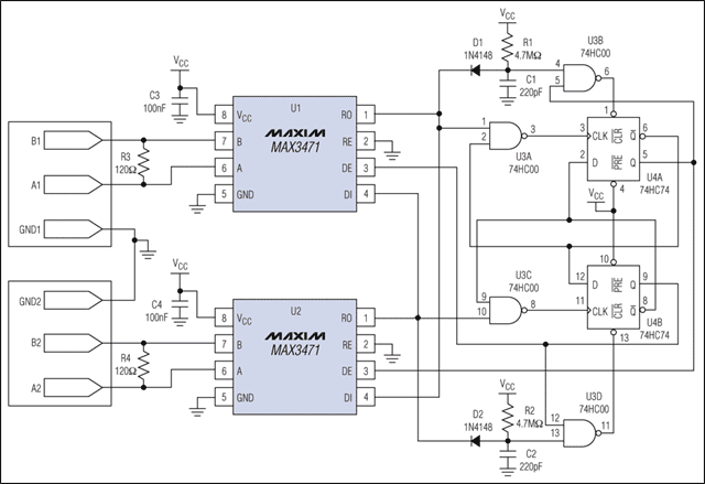 圖1. 待機(jī)電流只有3μA的RS-422中繼器。