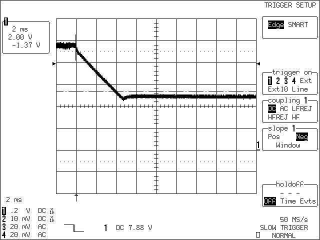 圖2. C1 = 470μF，充電電源移開(kāi)時(shí)，4節(jié)電池開(kāi)關(guān)模式電路的瞬態(tài)特性