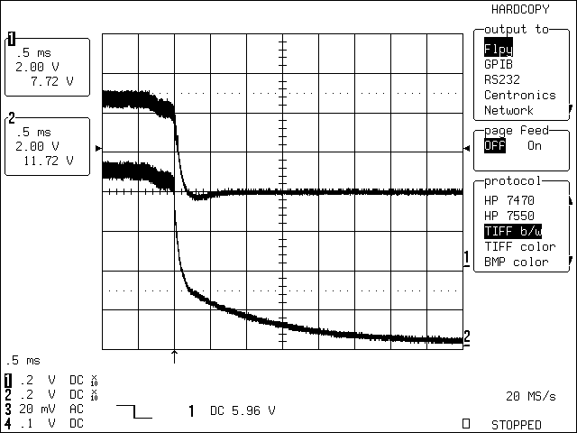 圖4. C1 = 22μF時(shí)，改進(jìn)后的應(yīng)用電路在移除充電電源后的瞬態(tài)波形