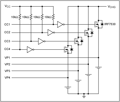 圖1. DS2714應(yīng)用電路，圖中利用nMOS晶體管代替了pnp晶體管