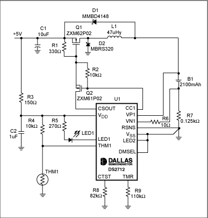 圖7. USB端口對(duì)單節(jié)NiMH電池快速充電的原理圖。