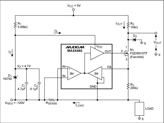 圖2. 利用MAX4460實現(xiàn)負電源檢流放大器