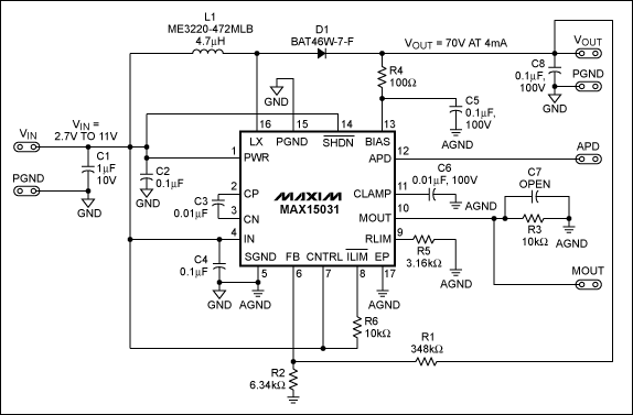 圖1. MAX15031升壓轉(zhuǎn)換器原理圖，F(xiàn)SW = 400kHz (固定)。
