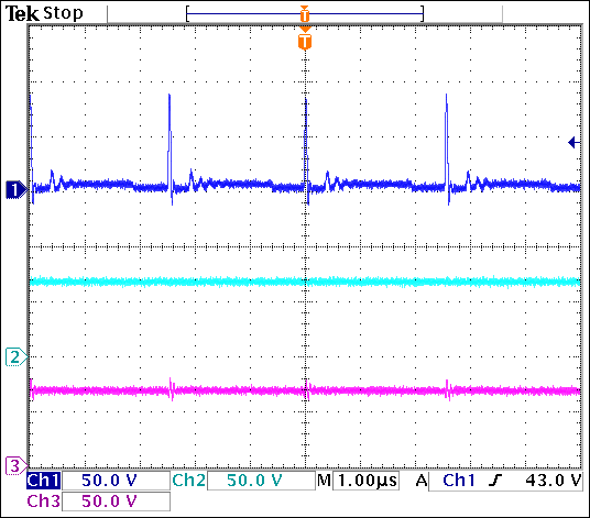圖3. VIN = 3.3V、APD電流為4mA時(shí)的LX節(jié)點(diǎn)電壓(通道1)、VOUT (通道2)和APD輸出(通道3)。
