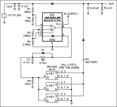 圖1. IC1 MAX931比較器用于監(jiān)測主電源電壓。當(dāng)主電源電壓下降到7.4V以下時，它可以通過將電池負端接地接通備用電池。