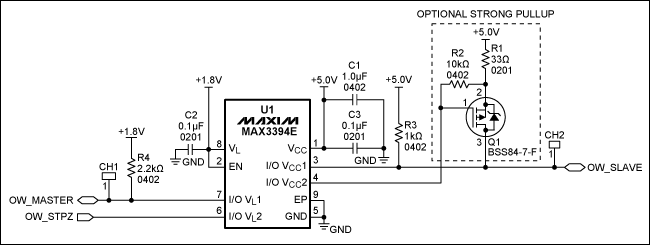 圖1. 1-Wire雙向電平(1.8V至5V)轉(zhuǎn)換器電路原理圖，注意，引腳I/O VL和I/O VCC具有10kΩ內(nèi)部上拉。