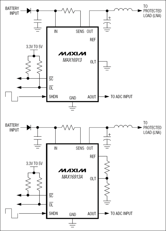 MAX16913、MAX16913A：典型工作電路