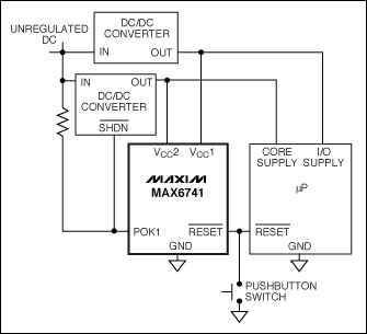 圖9. MAX6741監(jiān)測(cè)兩路電壓，任何一路電壓跌落到門(mén)限以下時(shí)將產(chǎn)生復(fù)位信號(hào)。