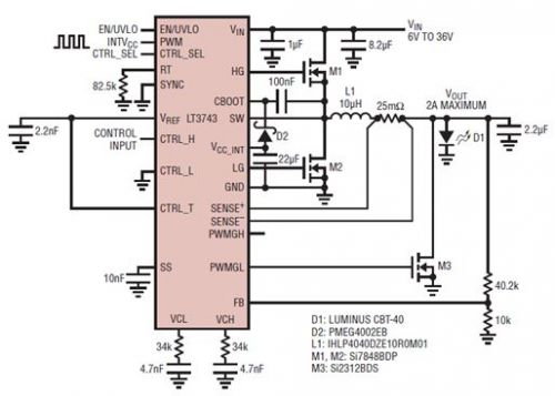 具電流受限并聯(lián)輸出的 6V 至 36V 輸入、2A LED 驅(qū)動(dòng)器
