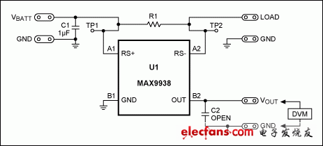 圖4. MAX9938EV標準分流器為50mΩ、4端電阻(R1)。利用6個100mΩ電阻并聯(lián)R1，得到12.5mΩ檢流電阻。

